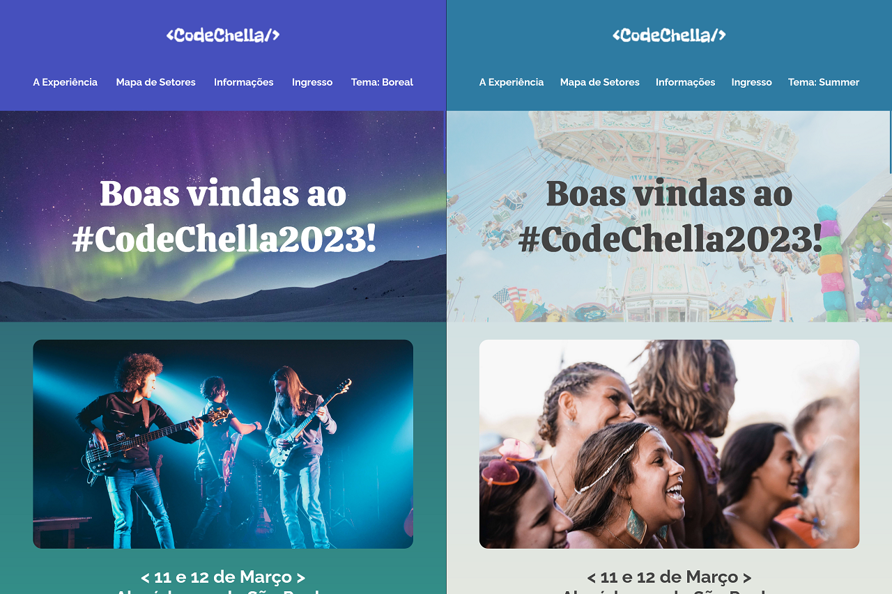 Telas iniciais do site CodeChella