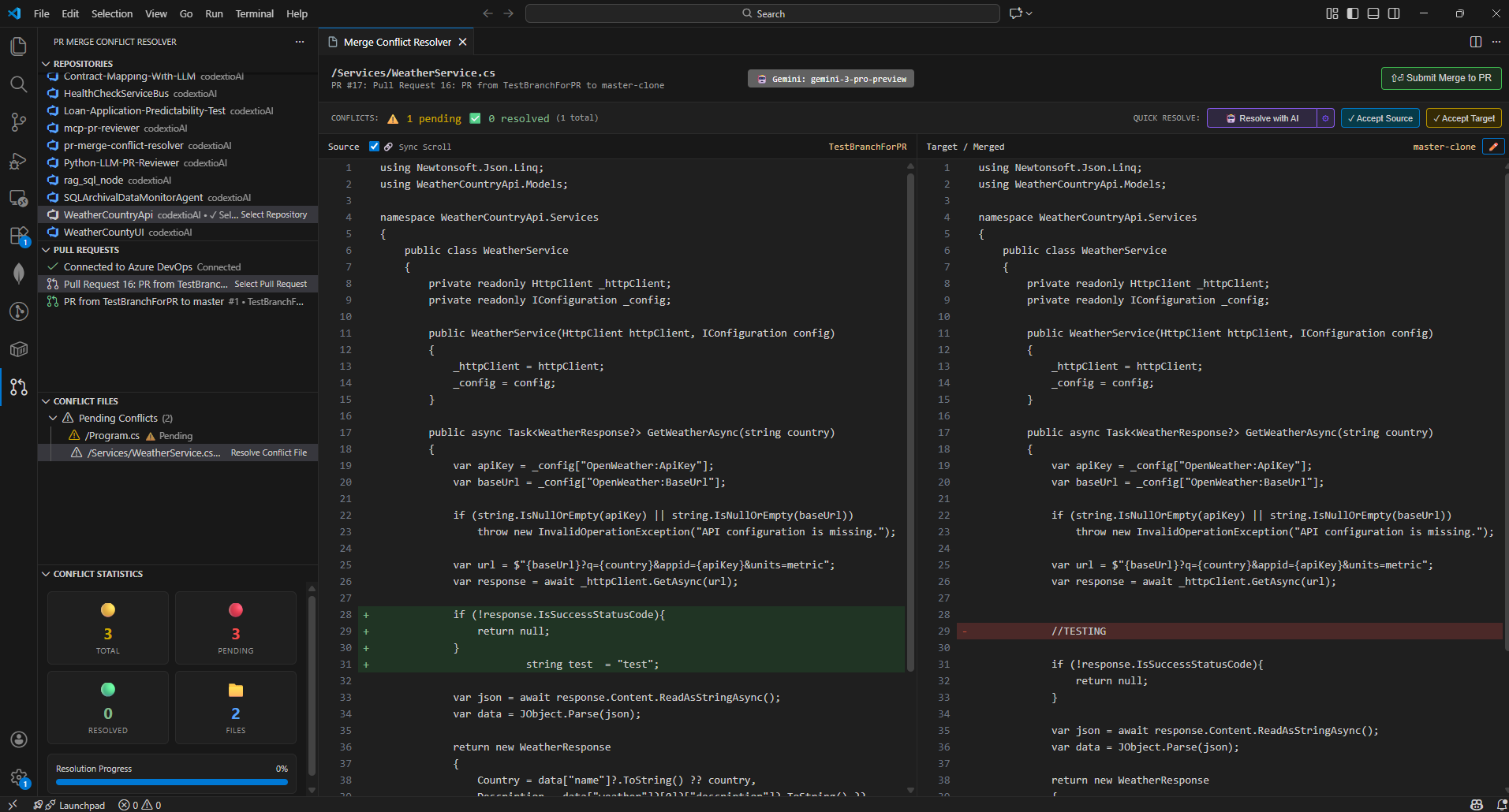 Resolve Conflicts - Side by Side View