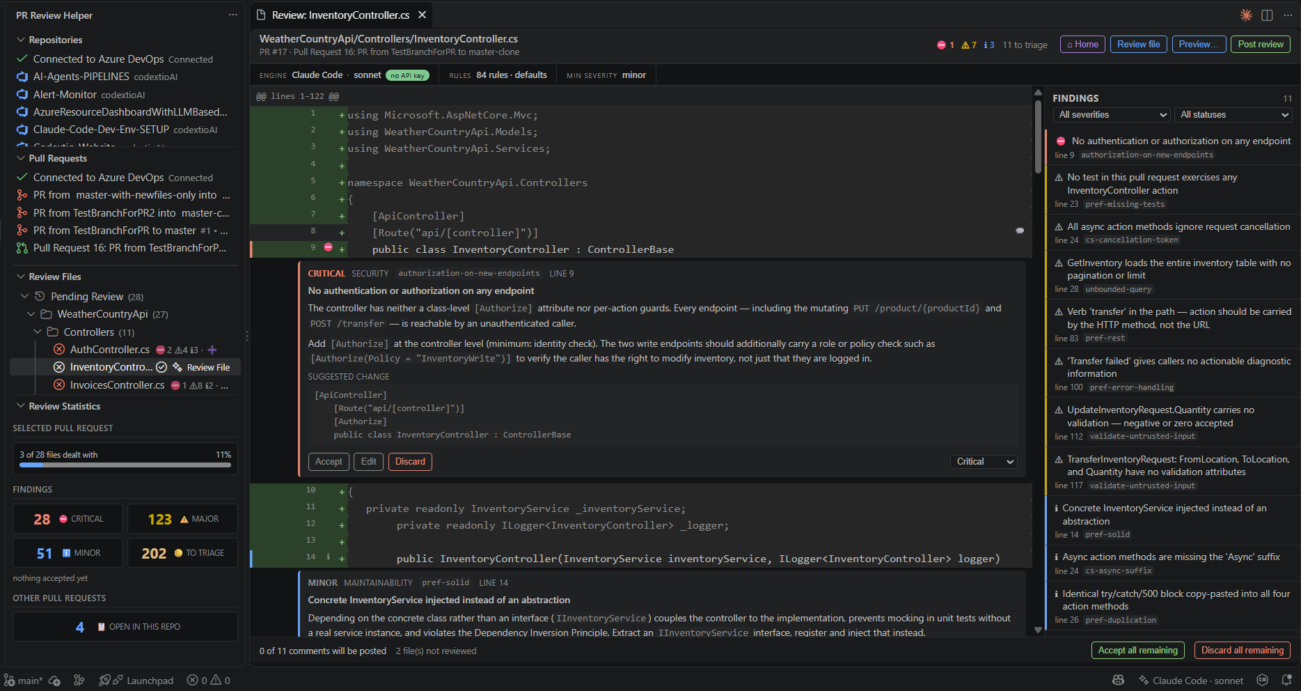 Review mode on a C# controller, showing a critical finding with a suggested change