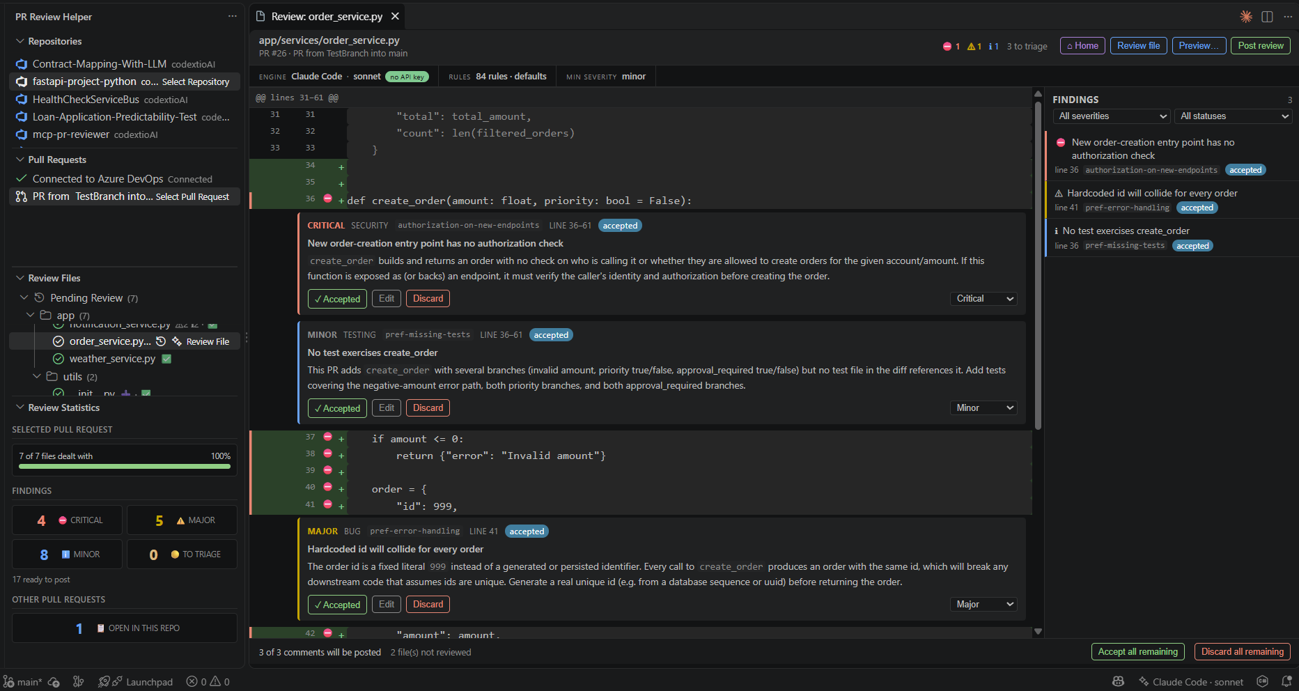 Review mode on a Python file with accepted findings ready to post