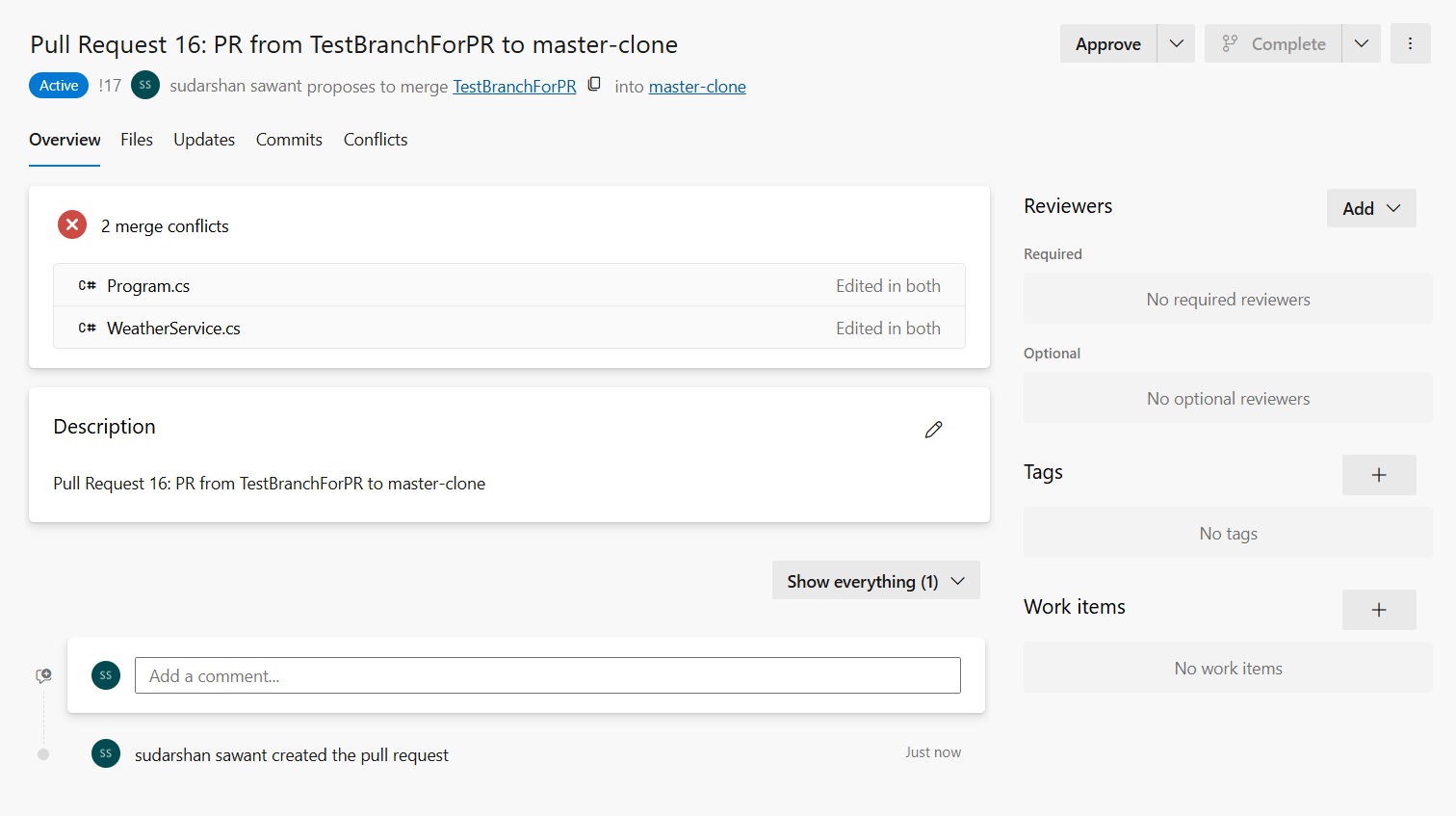 An Azure DevOps pull request reporting two merge conflicts