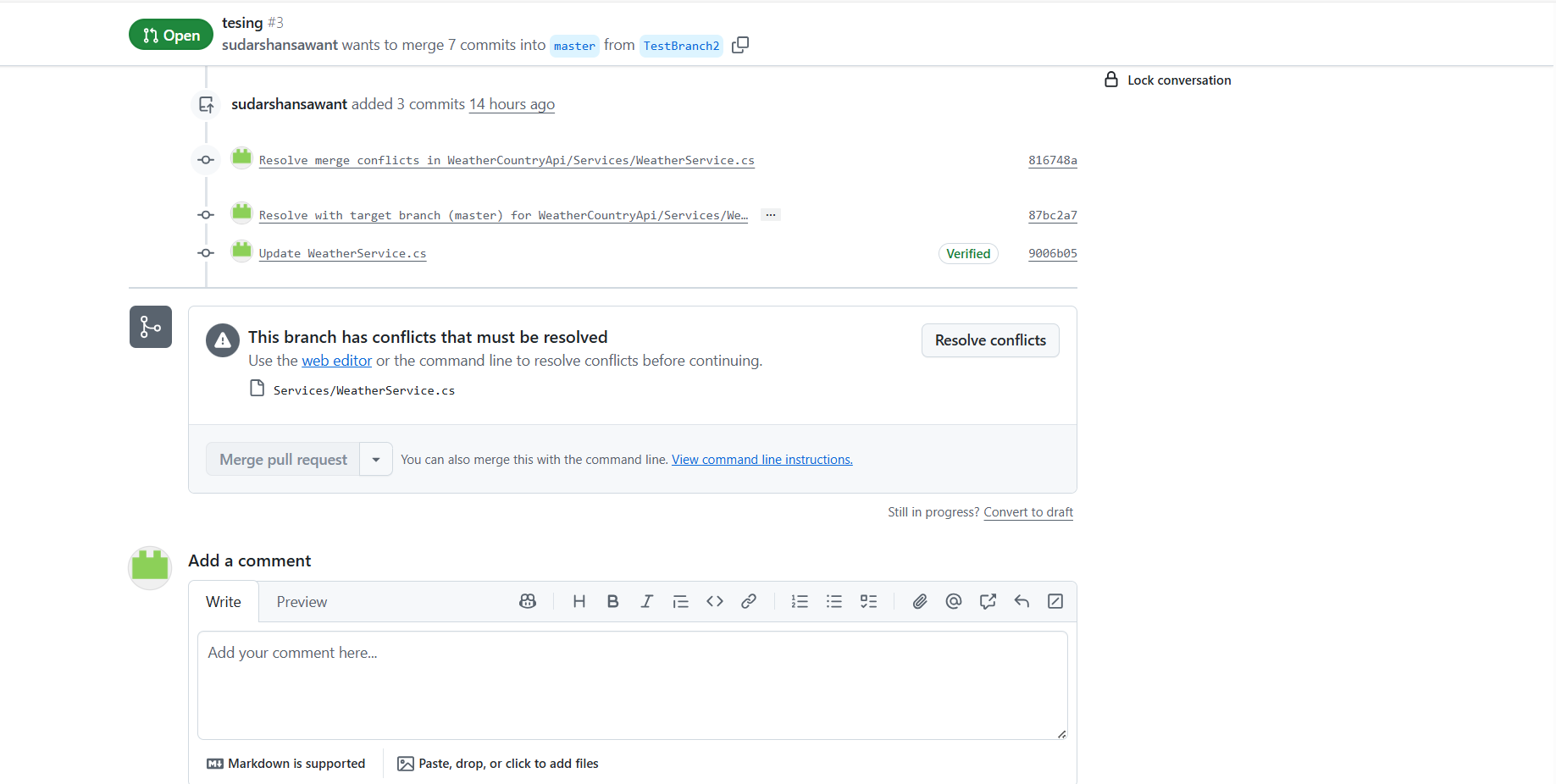 A GitHub pull request reporting a branch with conflicts