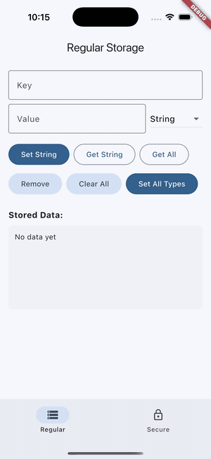 Screen recording of the example app: Set All Types then Get All on the Regular tab, then Save Sample Secrets and Refresh Keys on the Secure tab