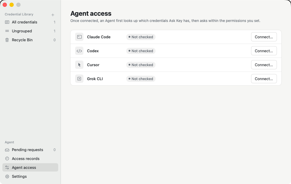 The Agent access page in Ask Key, listing Claude Code, Codex, Cursor and Grok CLI, each with a Connect button