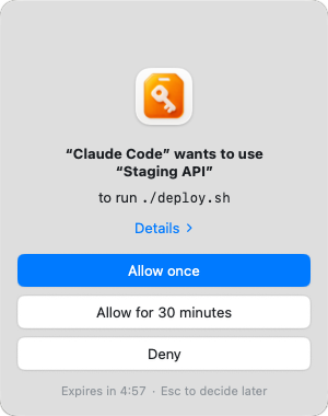 Ask Key approval prompt: Claude Code wants to use Staging API to run ./deploy.sh, with the buttons Allow once, Allow for 30 minutes and Deny