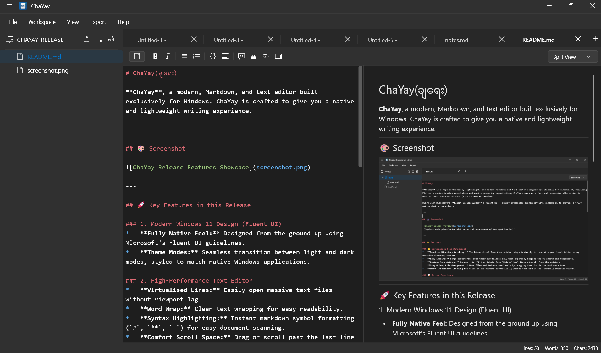 ChaYay (ချရေး) - Personal project by Chit Swe - A lightweight and simple markdown editor built with flutter for cross-platform use.