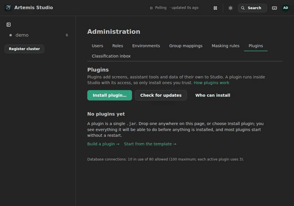 Installing a plugin: what it will be able to do and the SQL of its database changes, reviewed before a typed confirmation