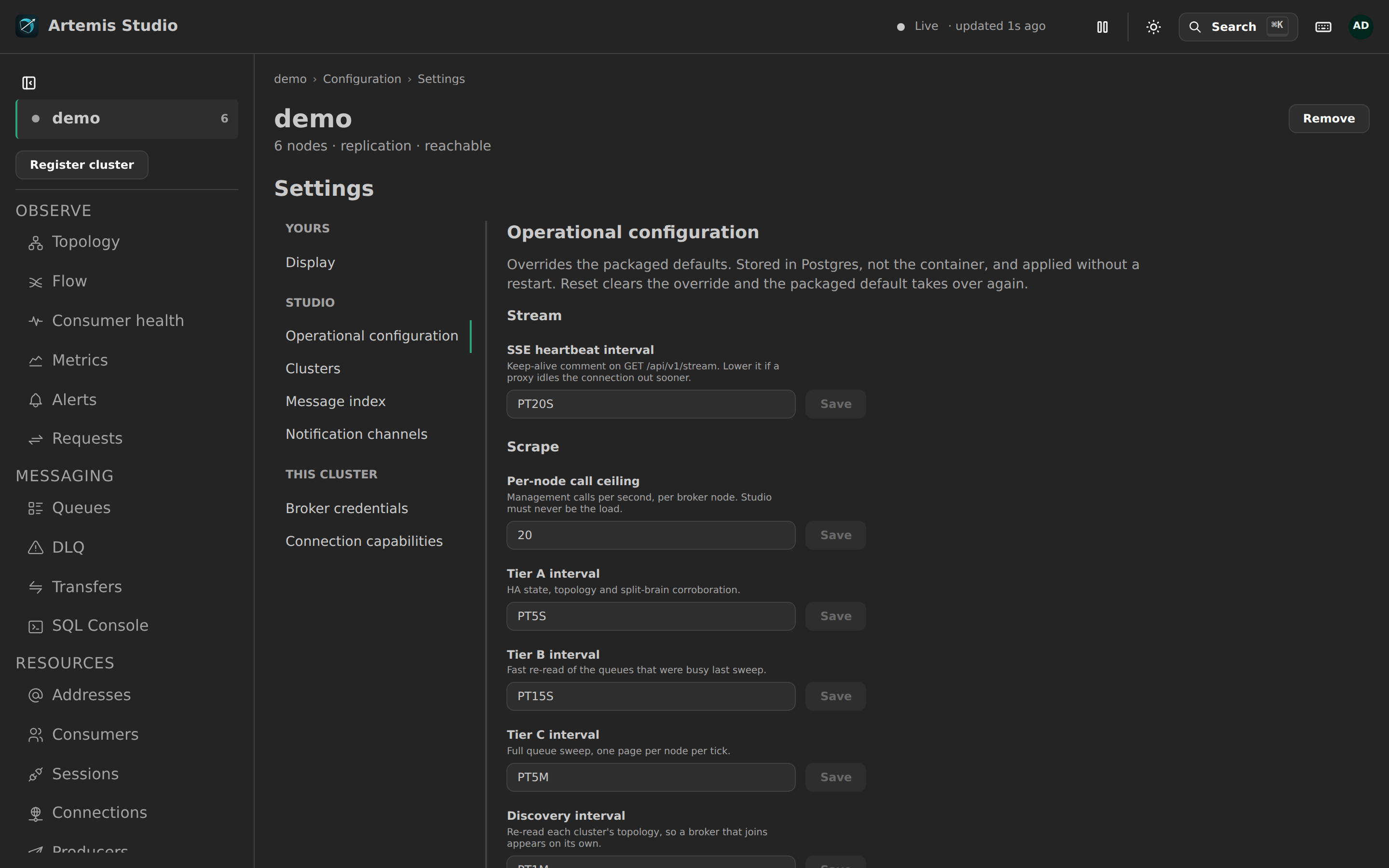 Settings: display preferences, Studio's operational configuration, this cluster's and each plugin's sections