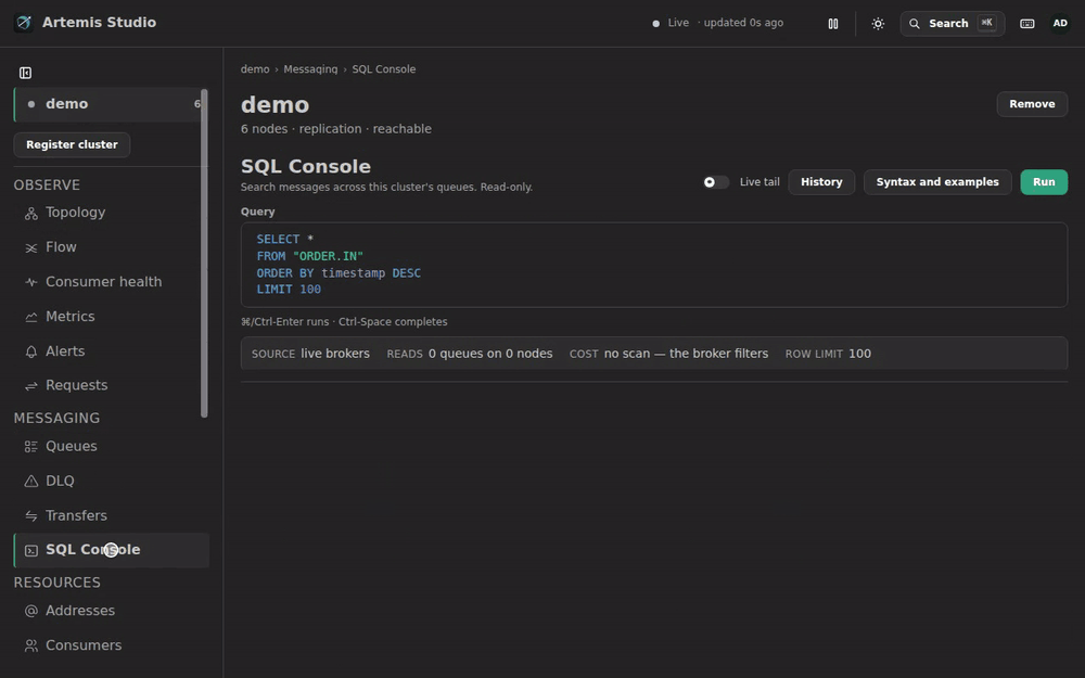 The SQL Console: a query across every queue in the cluster, its cost classified before it runs, then a live tail