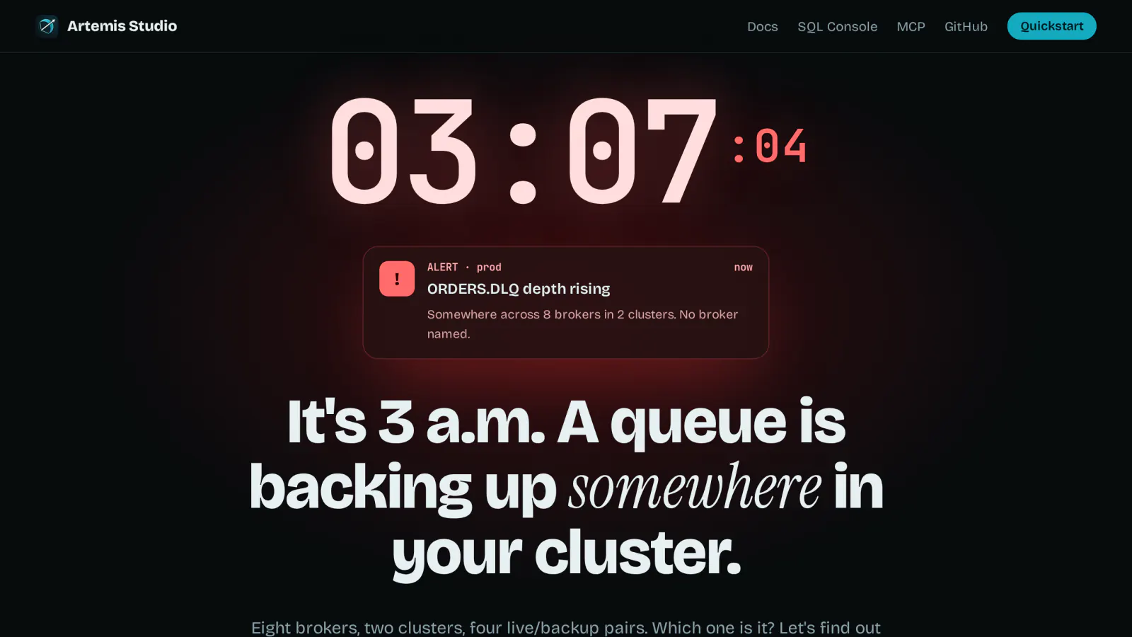 The story opens at 03:07 with an alert: ORDERS.DLQ depth rising somewhere across 8 brokers in 2 clusters. Play it in your browser.