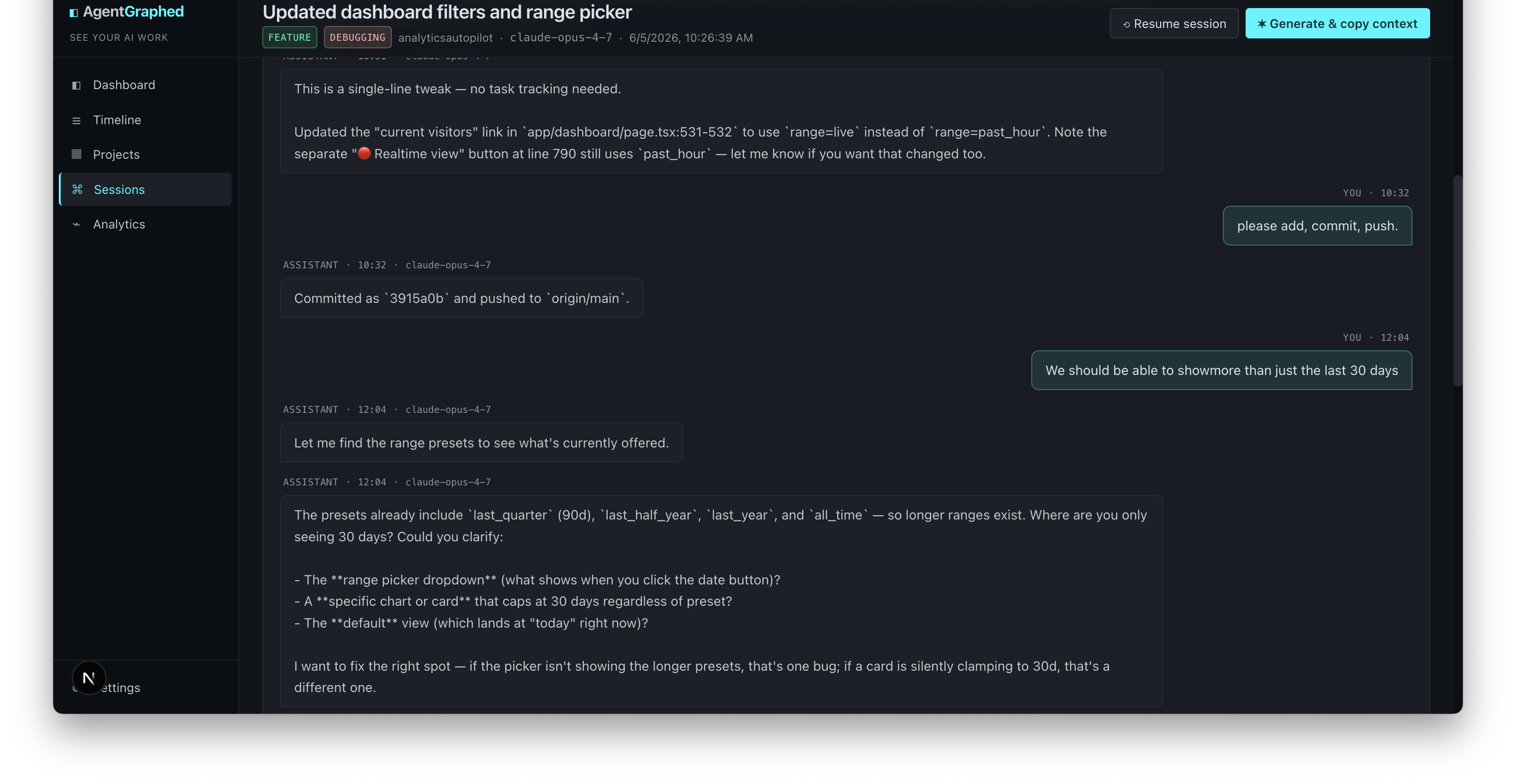 Session detail — chat-bubble view of a past conversation with resume and copy-context actions