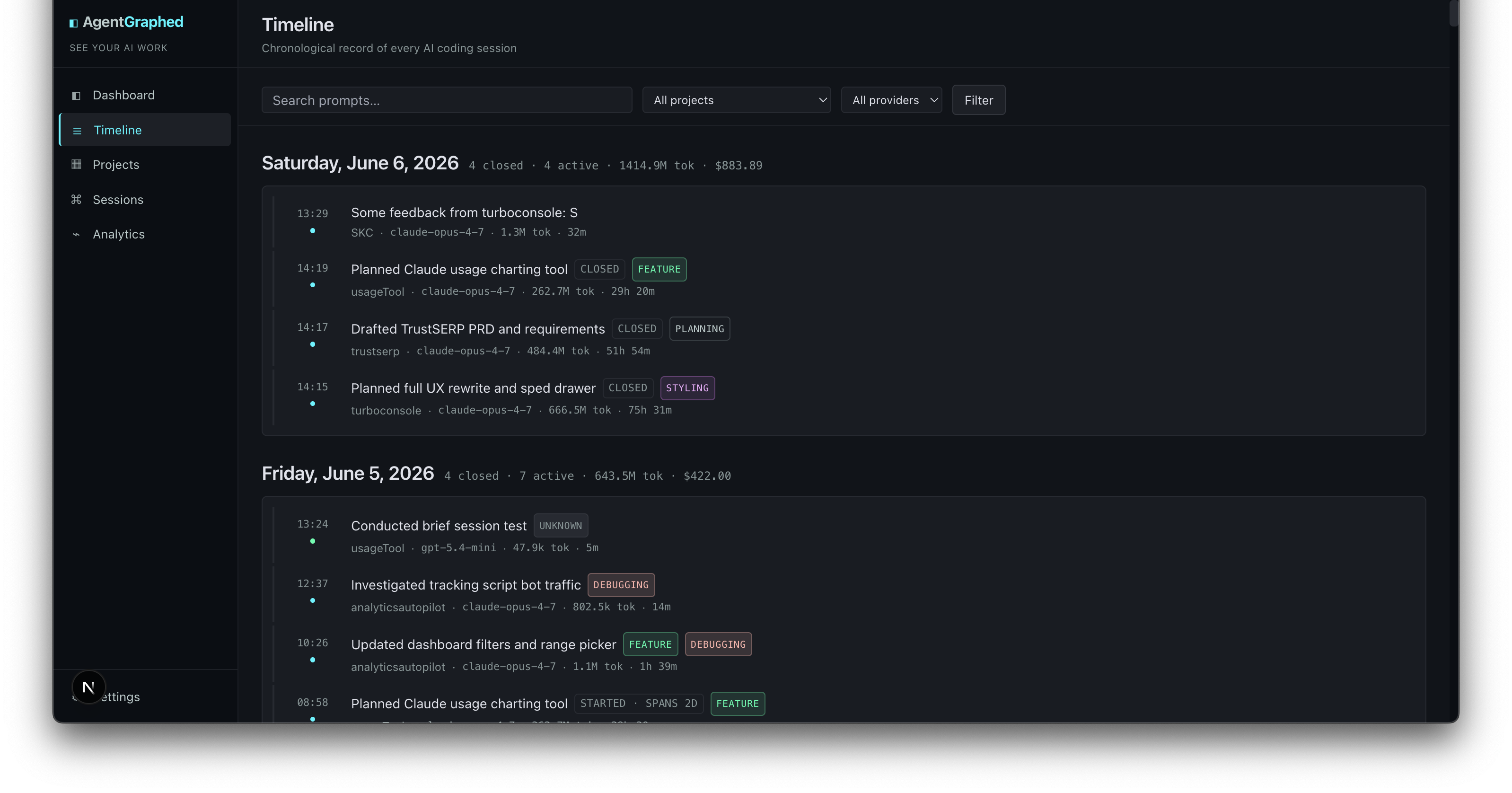 Timeline — every session grouped by day, with started/continued/closed badges for multi-day sessions