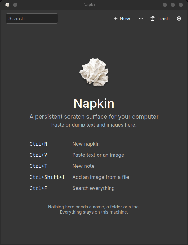 Napkin's first-run screen: the logo, the tagline, and five shortcuts
