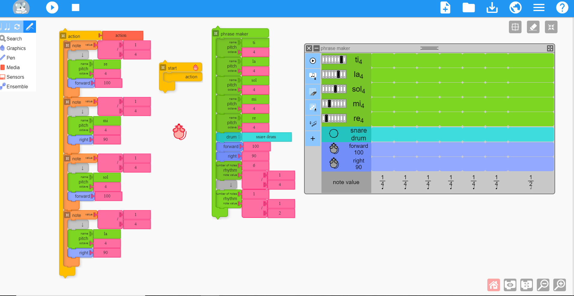 Music Blocks workspace showing block-based music programming