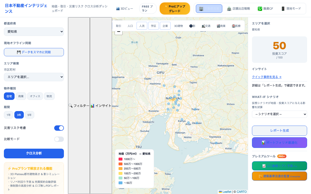 Japan Real Estate Intel dashboard — land price map and investment score for Aichi