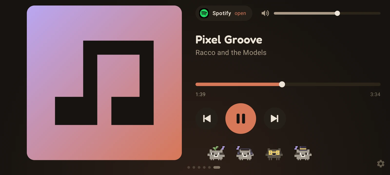 Music screen with cover, track, controls, volume and dancing raccoons