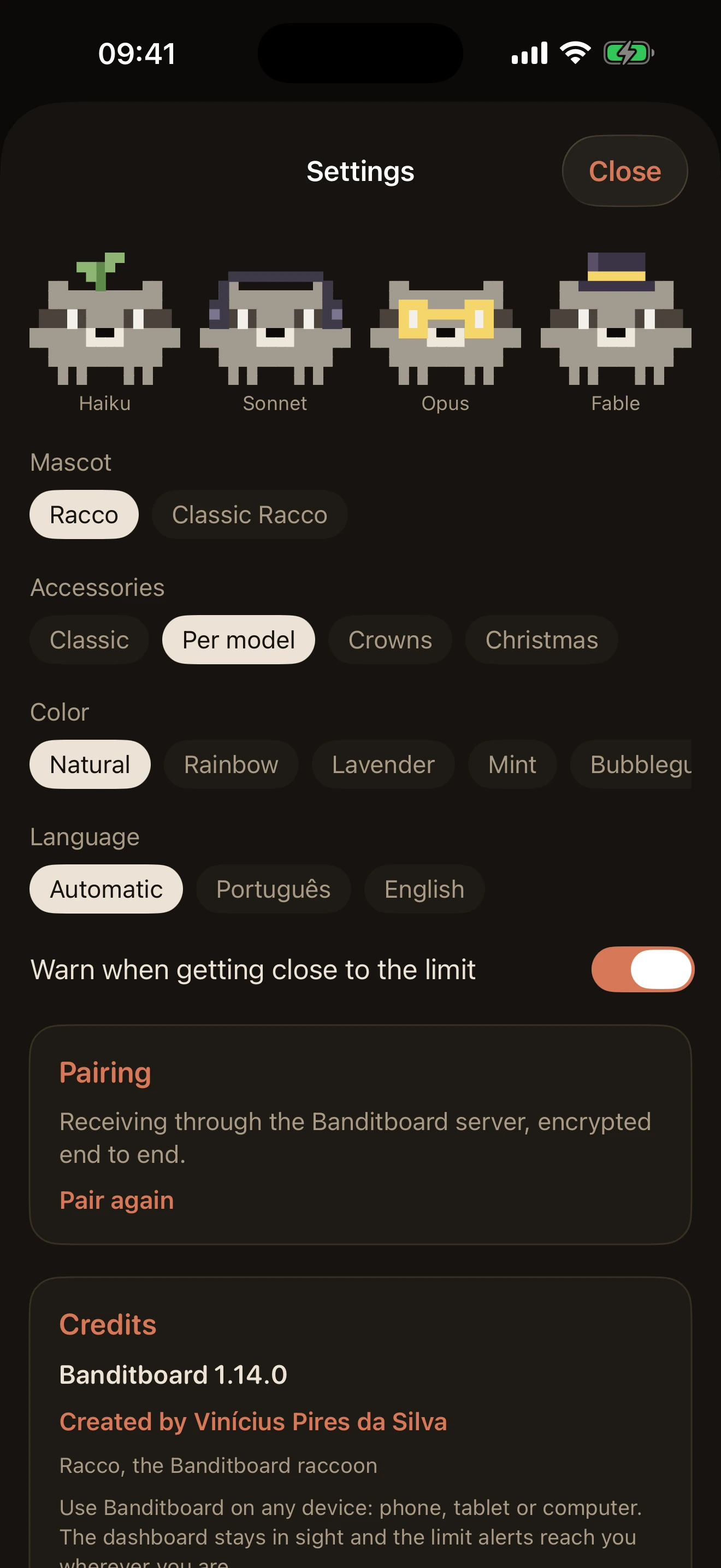 iPhone settings with raccoon, skin, tint, language, alerts and pairing