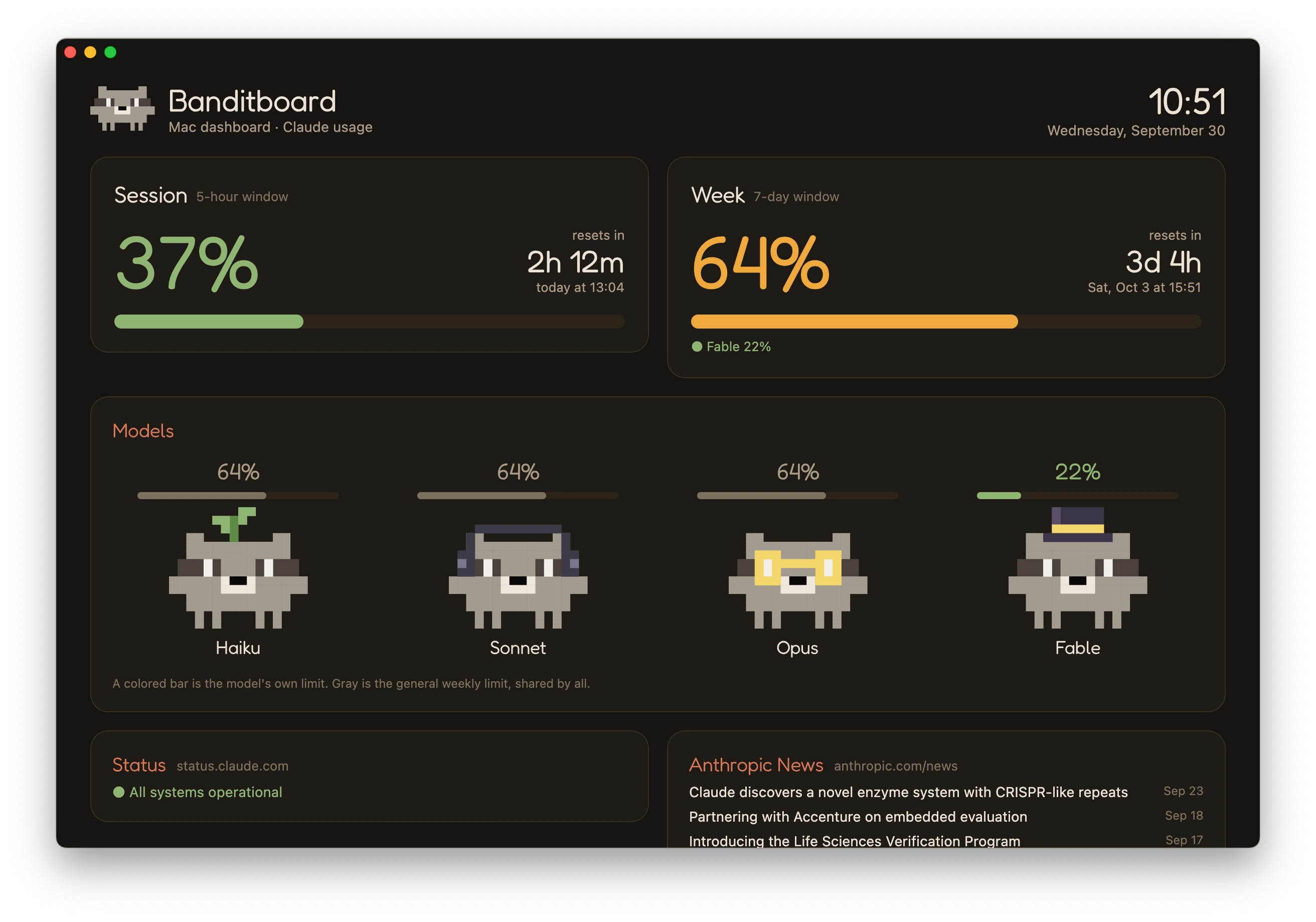 Mac dashboard with session, week, models, status, news, widget settings and the iPhone pairing code