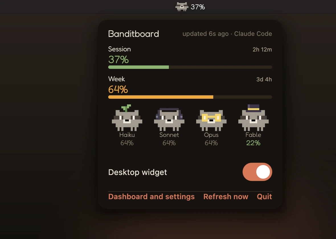 Racco and 37% in the Mac menu bar, with the panel open below it