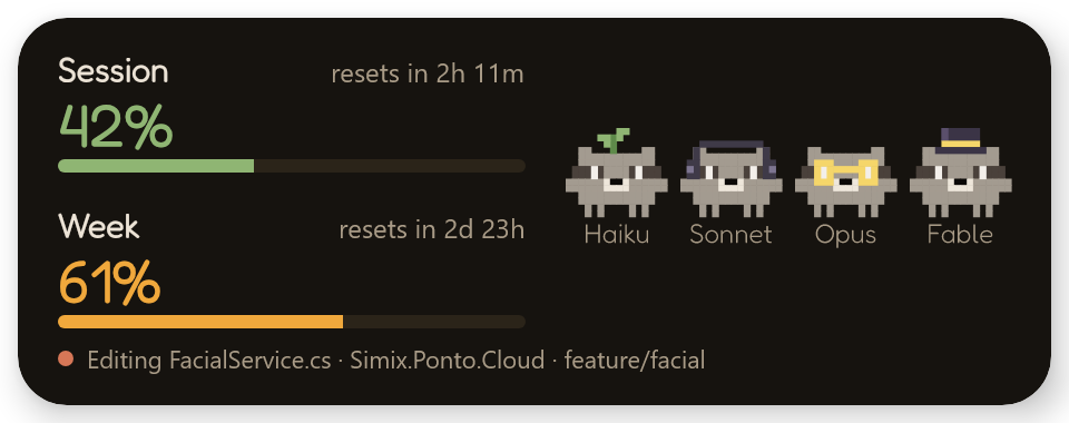 Windows widget showing Editing FacialService.cs · Simix.Ponto.Cloud · feature/facial, with the Opus raccoon working