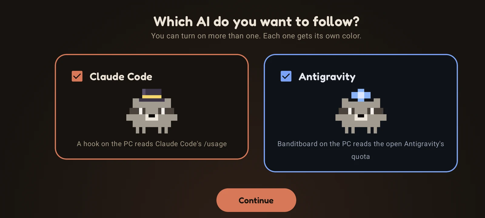 First launch on Android: which AI do you want to follow, with Claude Code and Antigravity checked