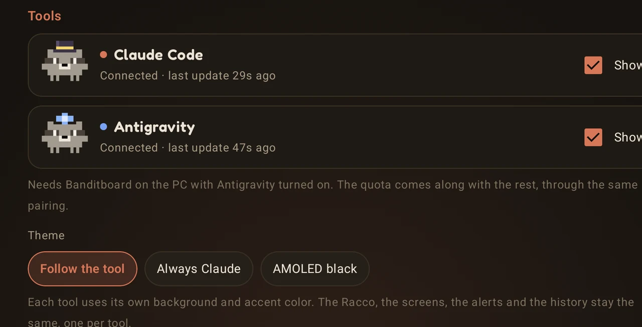 Tools section of the Android settings with Claude Code and Antigravity, a Show checkbox for each, and the theme choice