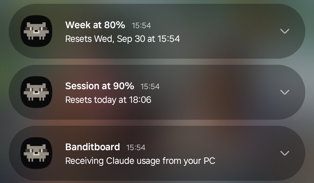 Notifications: week at 80% and session at 90%, with the reset time