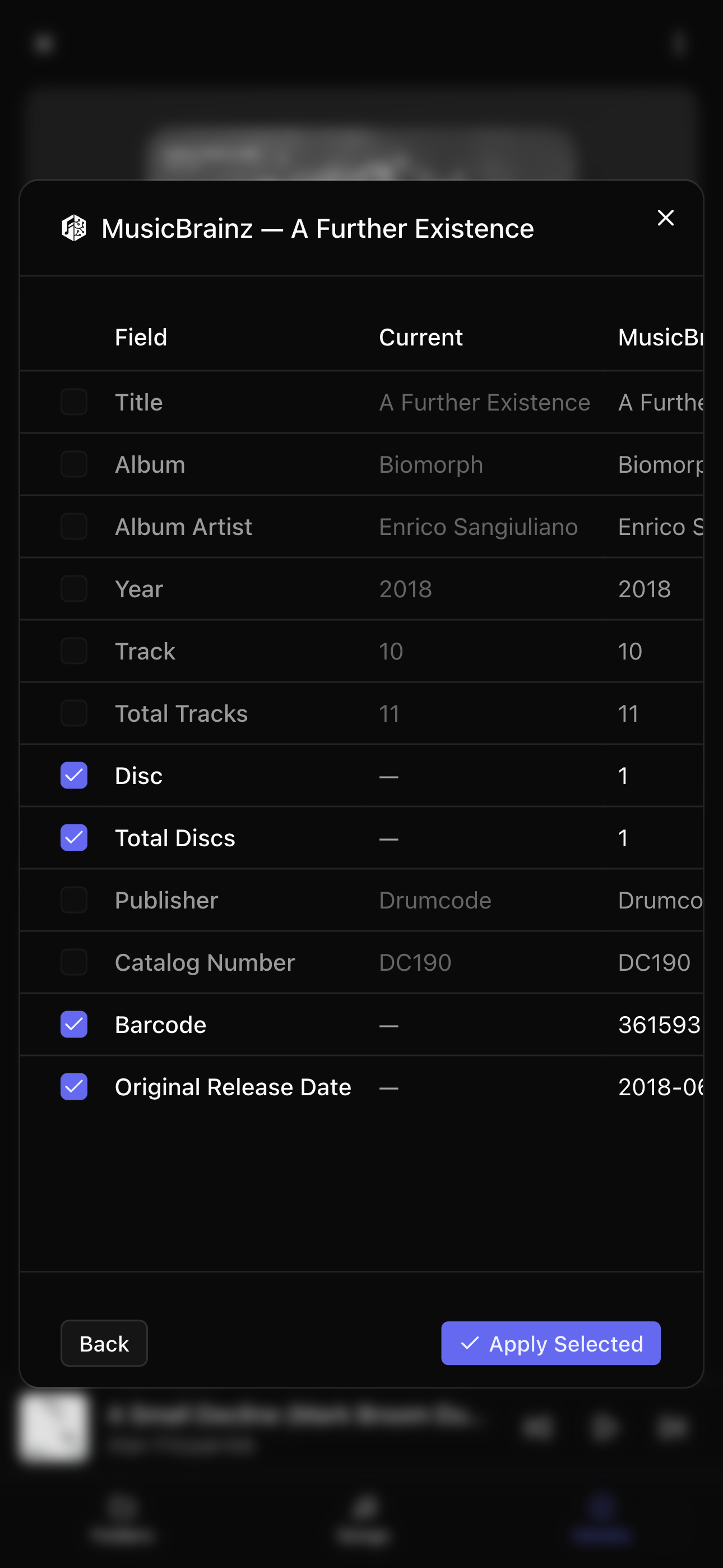 Mobile MusicBrainz metadata comparison