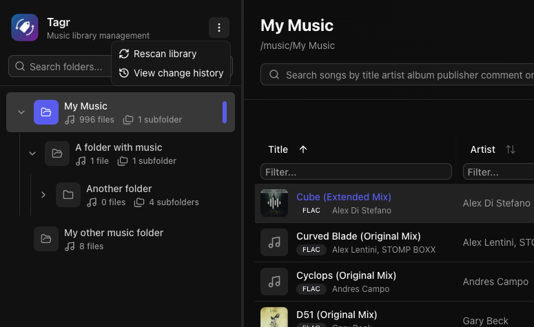 Folder tree with context menu