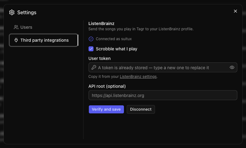 ListenBrainz settings