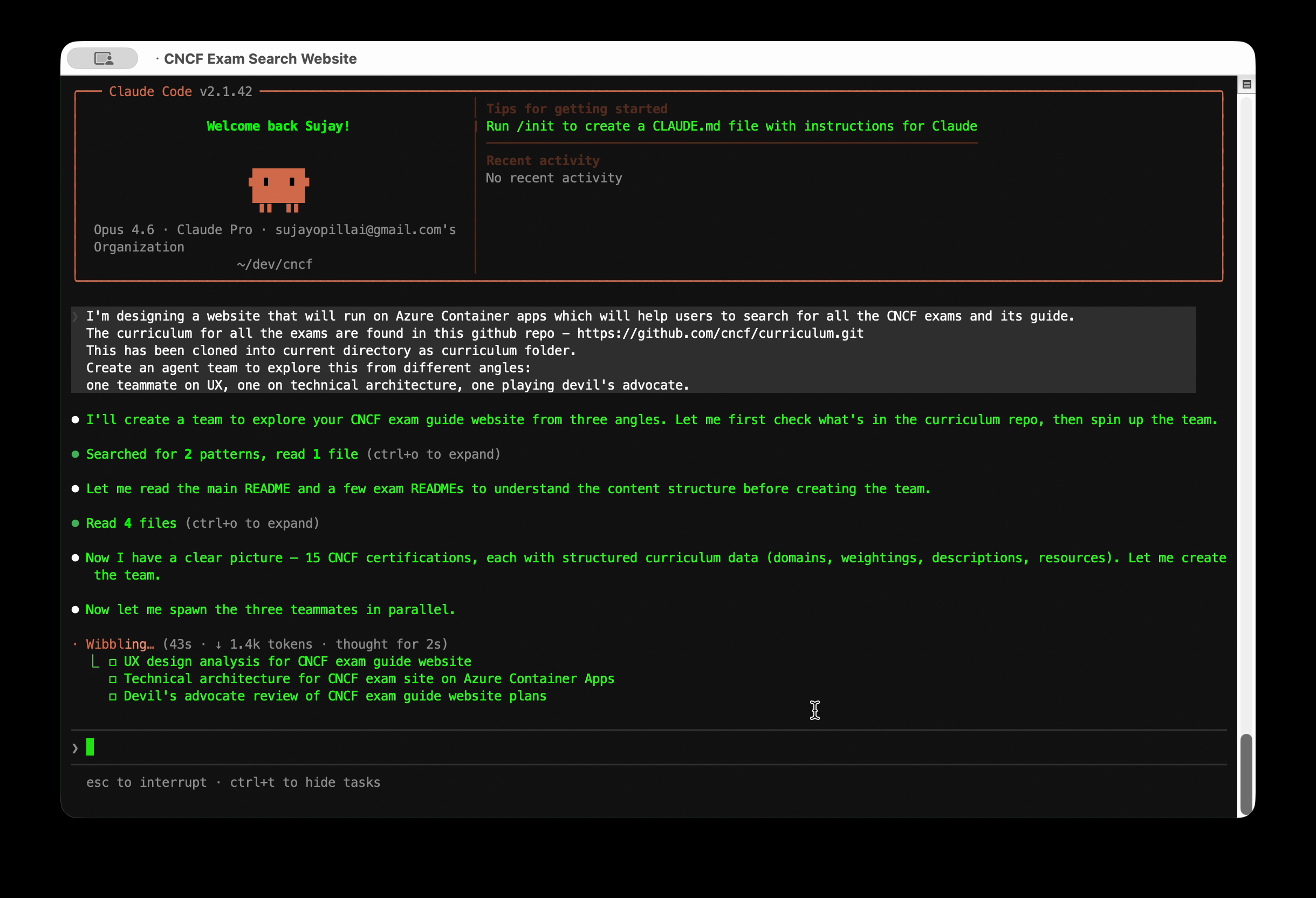 The prompt that started it all — one input, three agents about to spin up