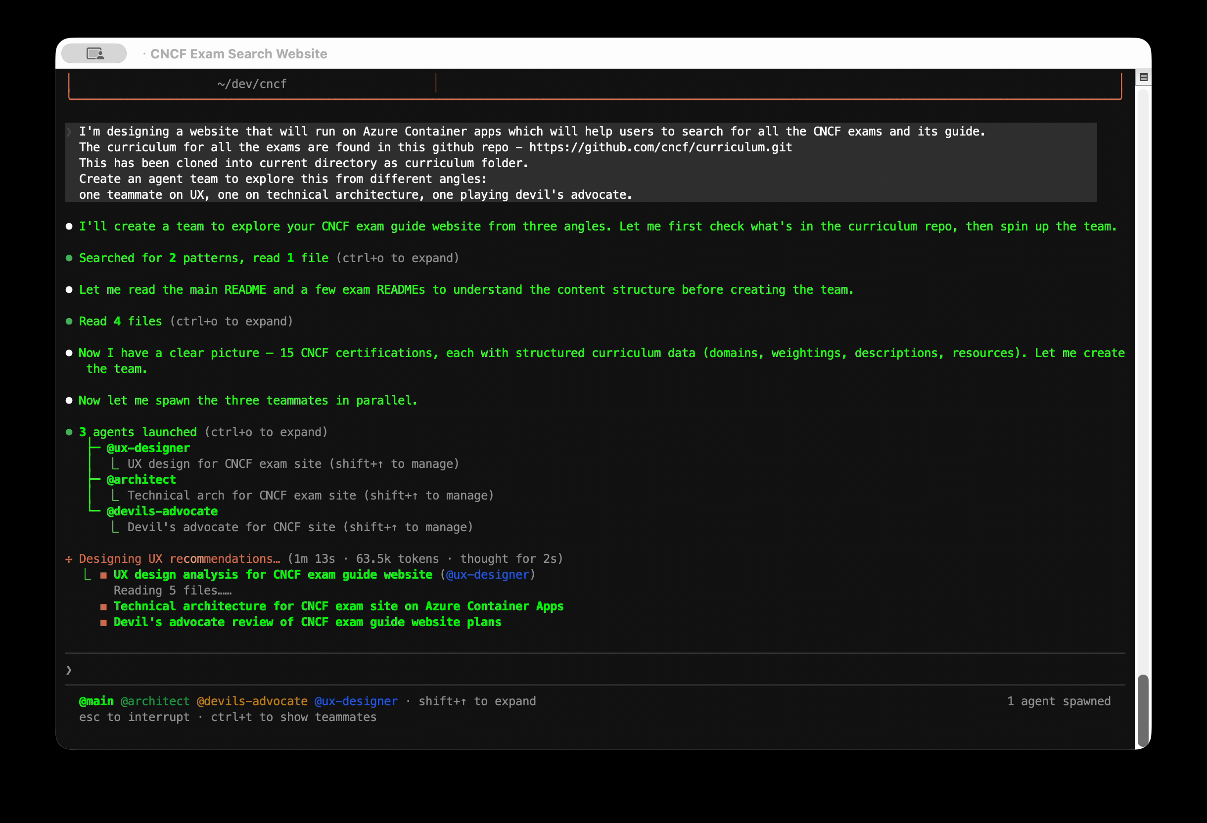 Three agents launched in parallel with role descriptions visible