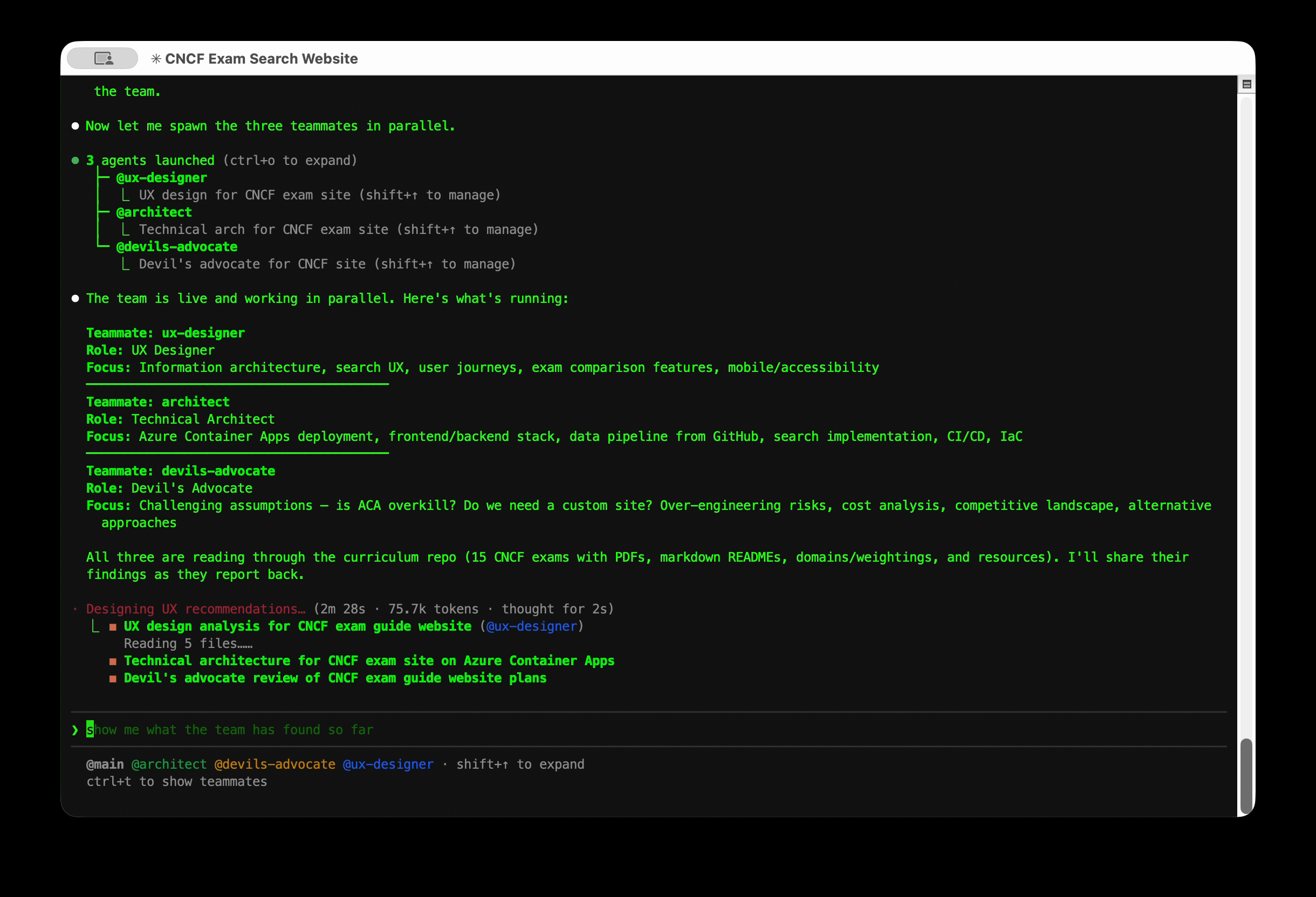 The architect delivers: data pipeline, search strategy, Azure Container Apps setup, and a cost estimate