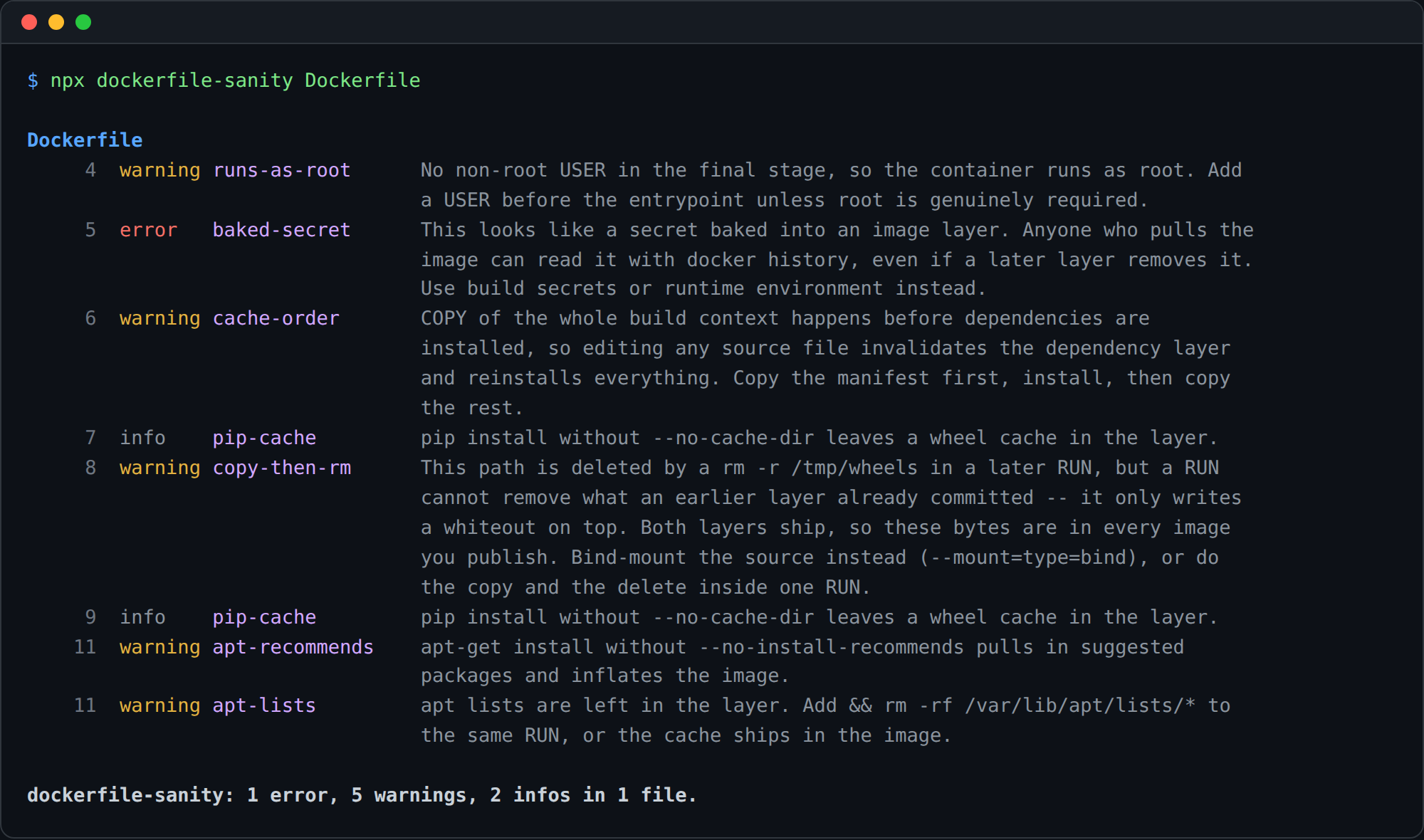 Dockerfile Sanity findings on the example Dockerfile in this repository