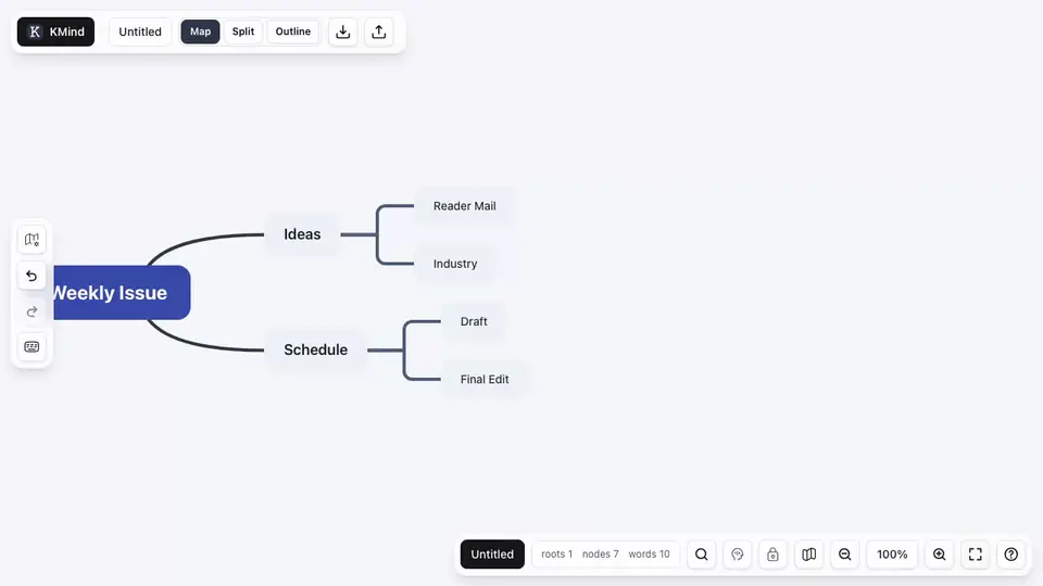 In Split view, dragging a canvas node into the outline and an outline row back onto a canvas node