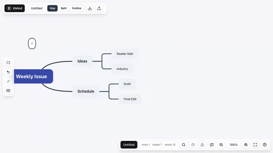 Switching the same map from Map view to Split view and then to Outline view