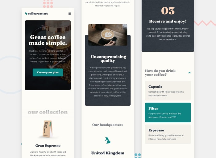 Design mobile preview for Coffeeroasters subscription app 