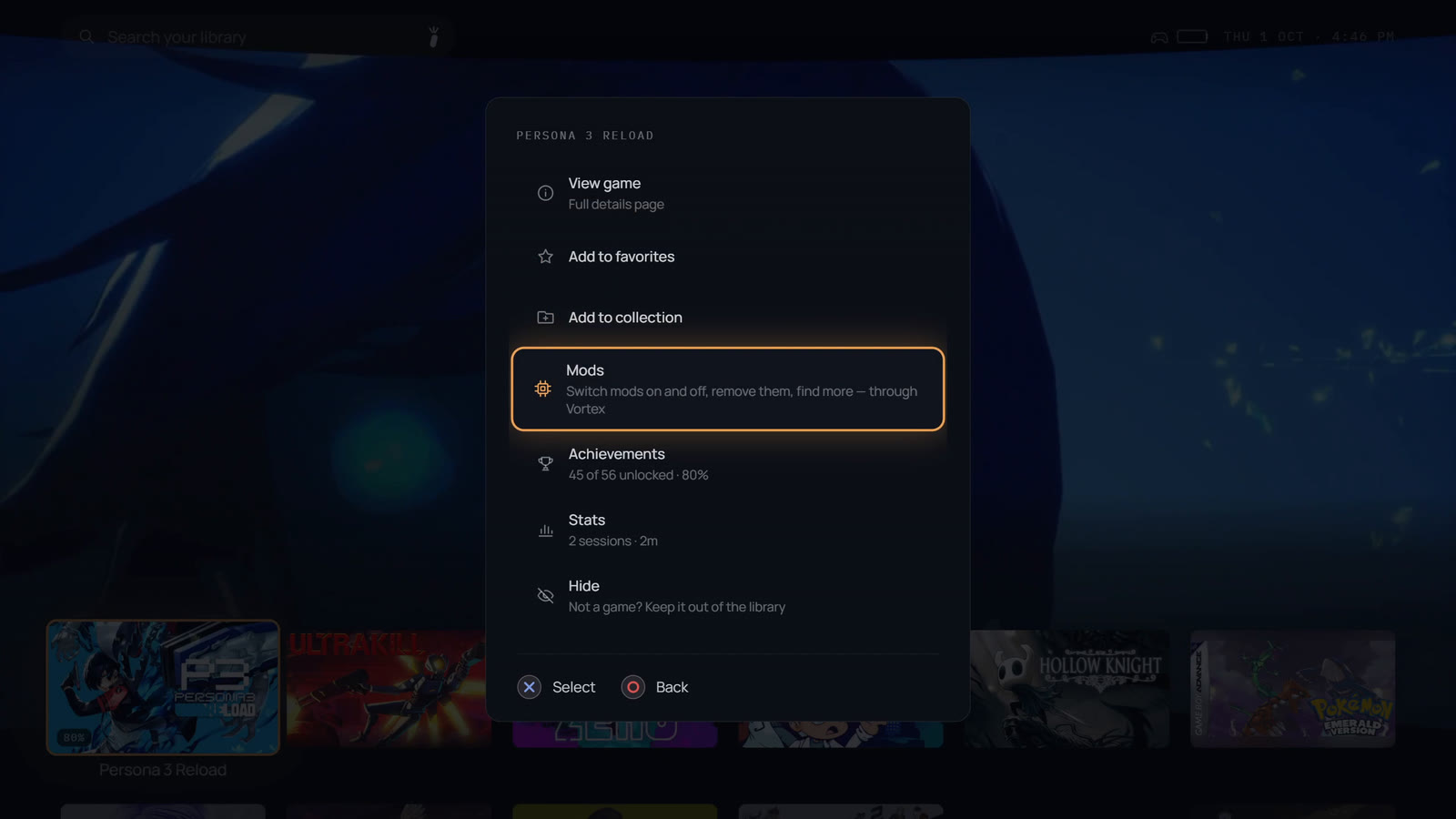 A game's menu, with Mods