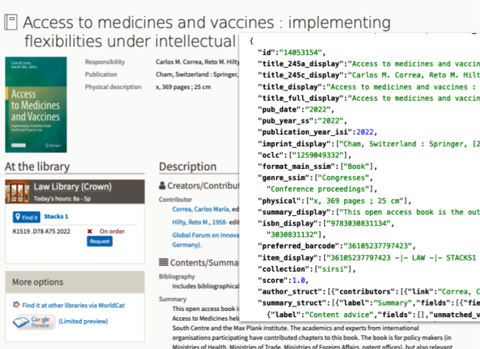 solr index fields displayed overlaid on SearchWorks catalog preview for a book