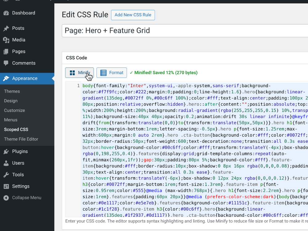 One-click CSS minification