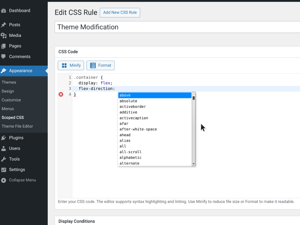 CSS editor with IntelliSense