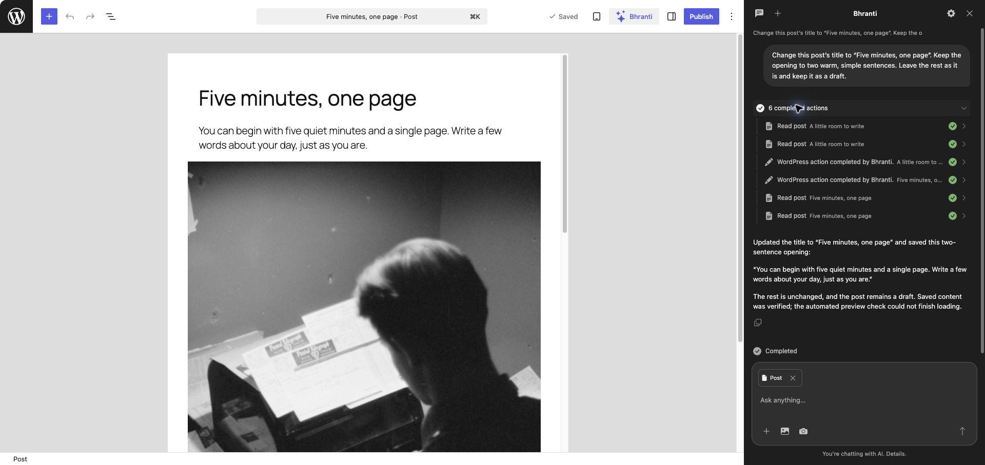 Bhranti beside the WordPress editor, showing saved changes and action history.