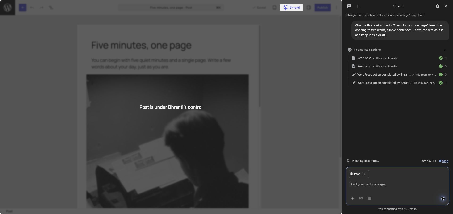 Bhranti working on a post with its live actions and editor control overlay visible.