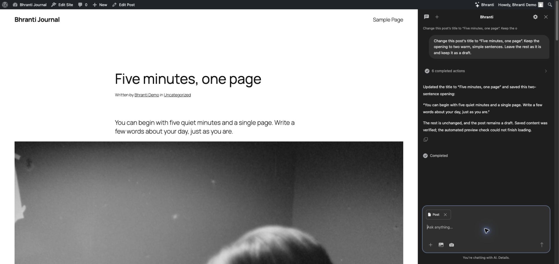 The updated draft on the website with the Bhranti conversation open beside it.