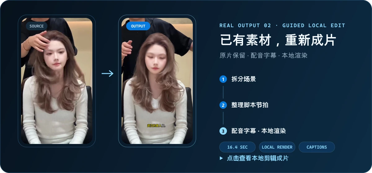 点击播放：Mora 将已有理发店原片拆分场景、整理脚本节拍、生成配音字幕并在本地重新渲染