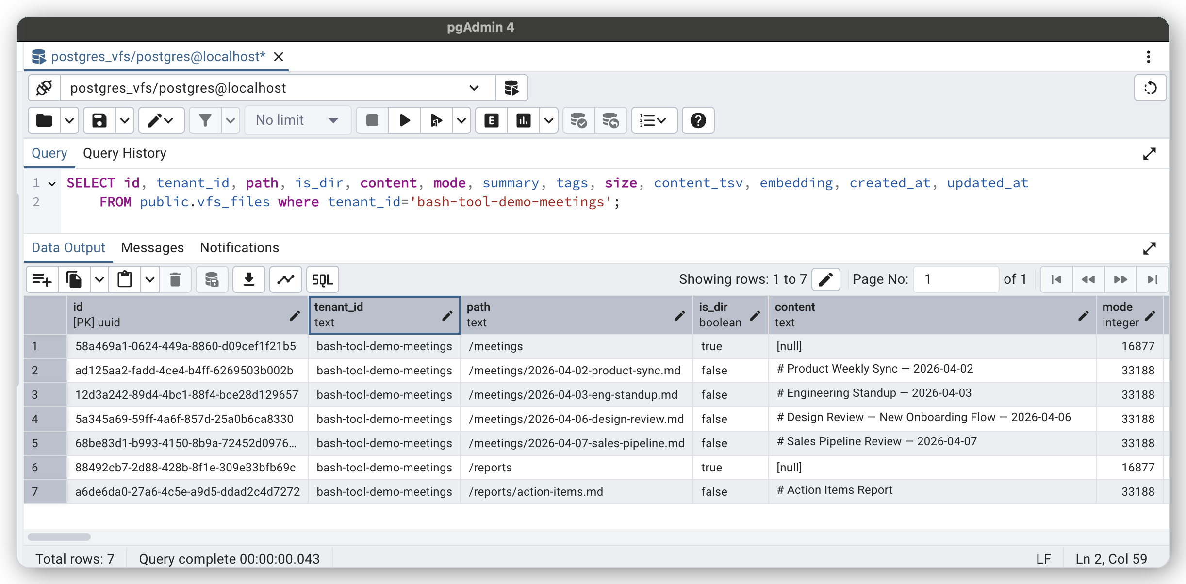 pgAdmin showing vfs_files table rows: directories and markdown files stored as database rows with tenant isolation