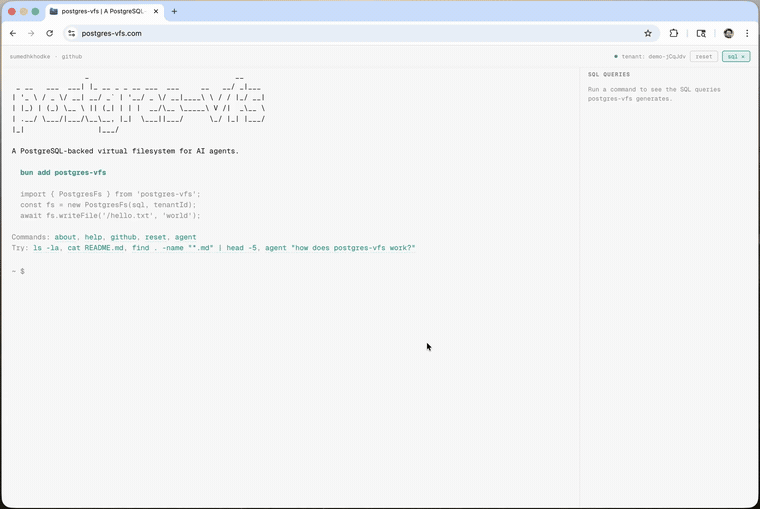 postgres-vfs demo: running ls, cat, find, grep, and search commands against a PostgreSQL-backed virtual filesystem
