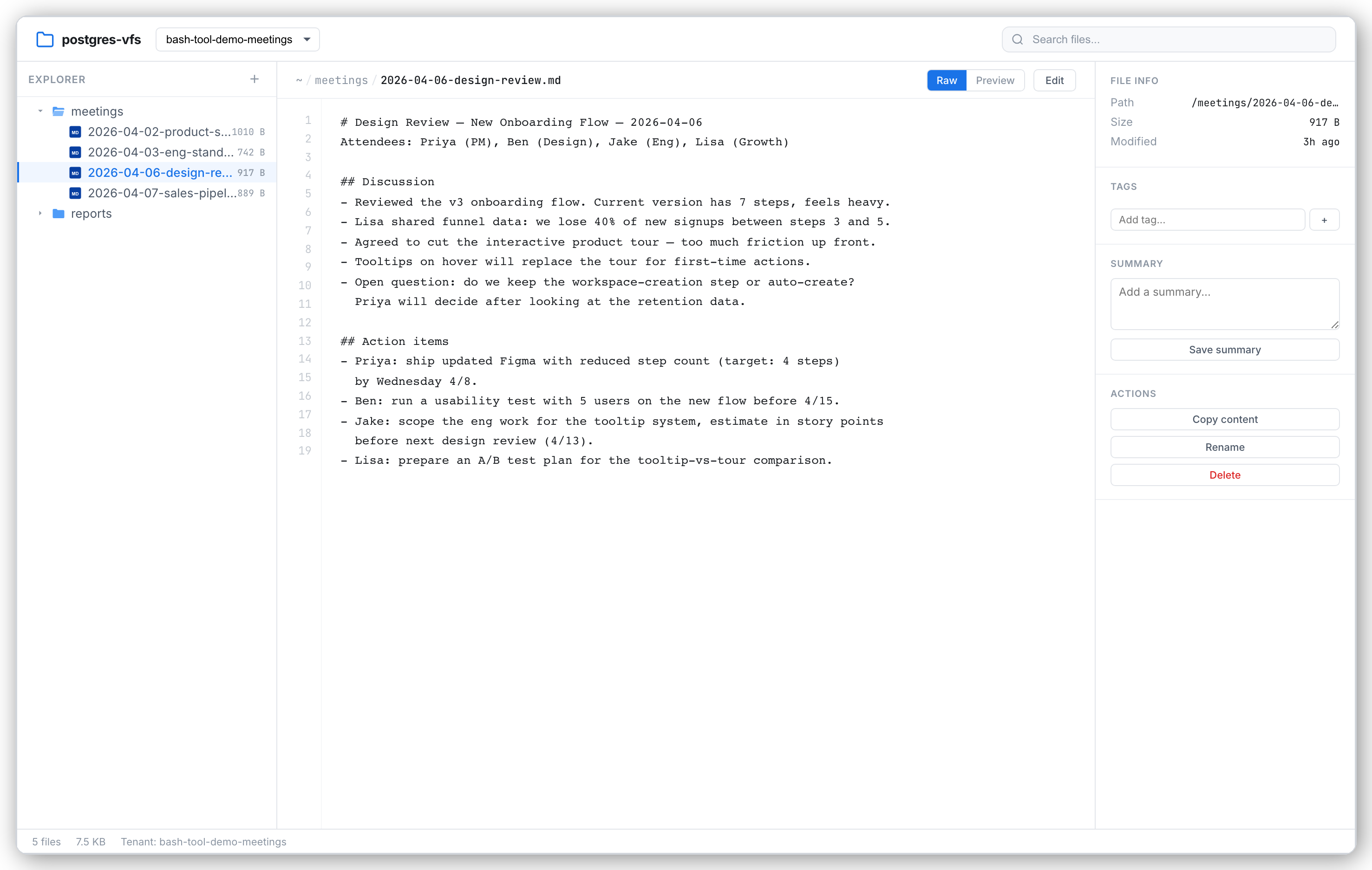 postgres-vfs Web UI showing the three-column layout: file tree on the left, markdown editor in the middle, and file details on the right.