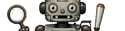 Pixel-art weathered robot holding a magnifying glass and a club — mascot for the AutoIt for Zed extension