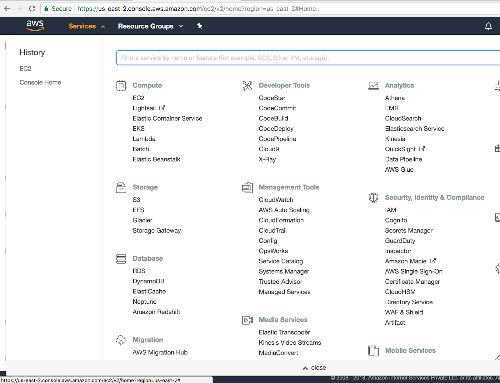 1. एडब्ल्यूएस सेवा सूची
